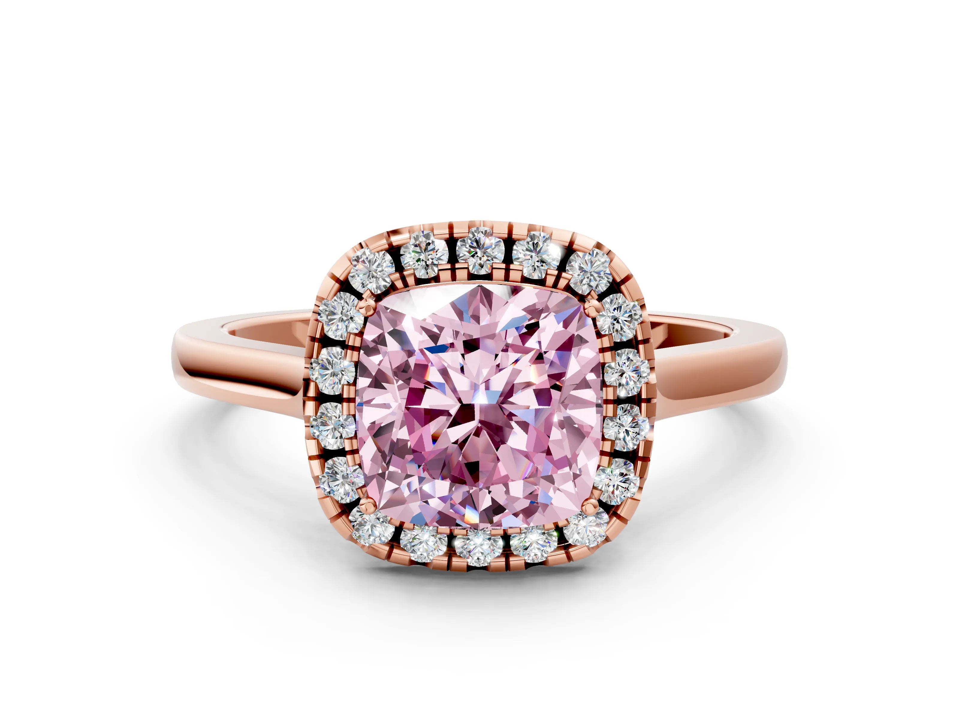 Rose gold Fancy Pink Cushion Cut Halo Round Diamond Solitaire Ring with Pavé Band and Four-Prong Setting_12