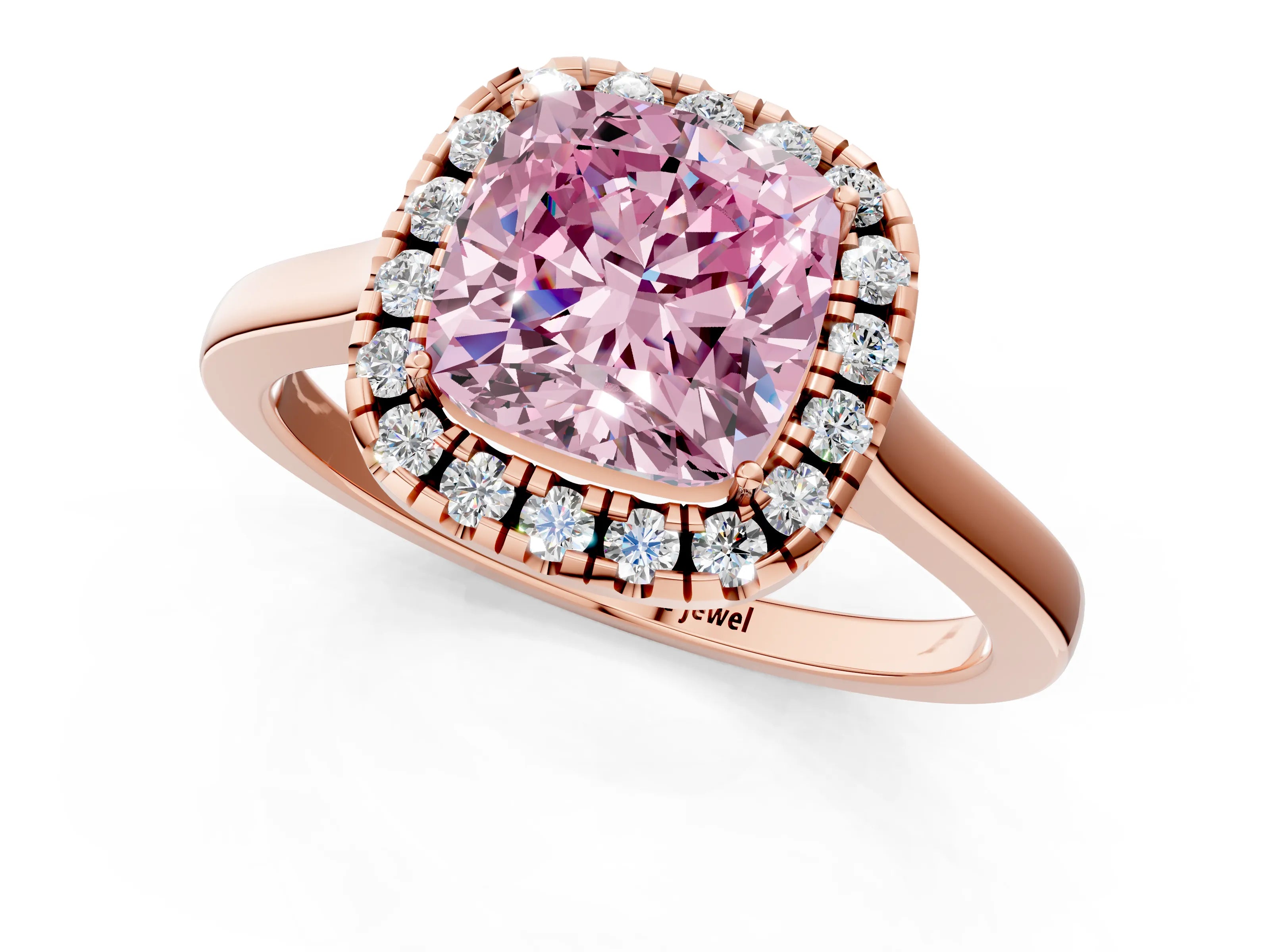 Rose gold Fancy Pink Cushion Cut Halo Round Diamond Solitaire Ring with Pavé Band and Four-Prong Setting_13