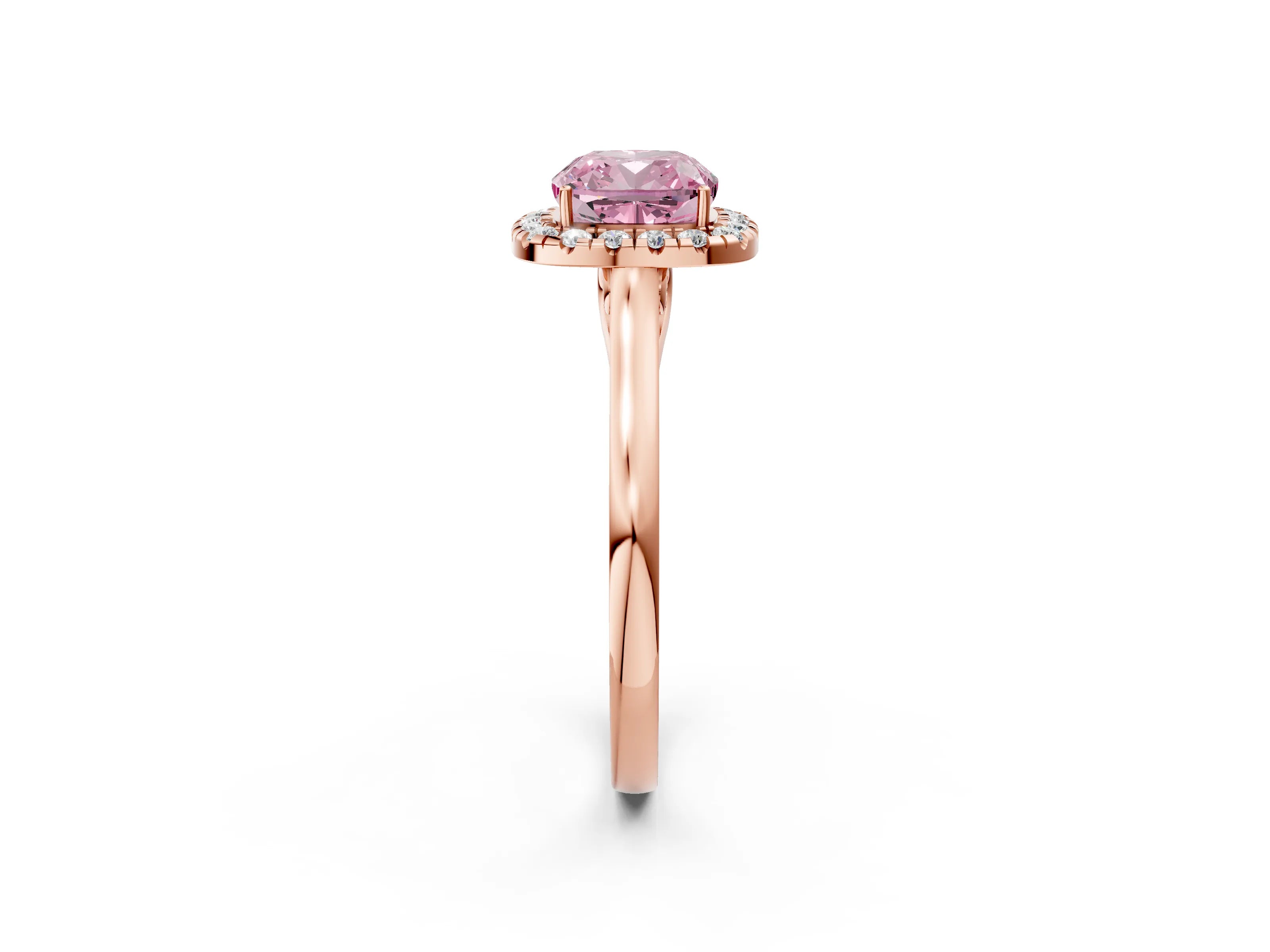 Rose gold Fancy Pink Cushion Cut Halo Round Diamond Solitaire Ring with Pavé Band and Four-Prong Setting_14