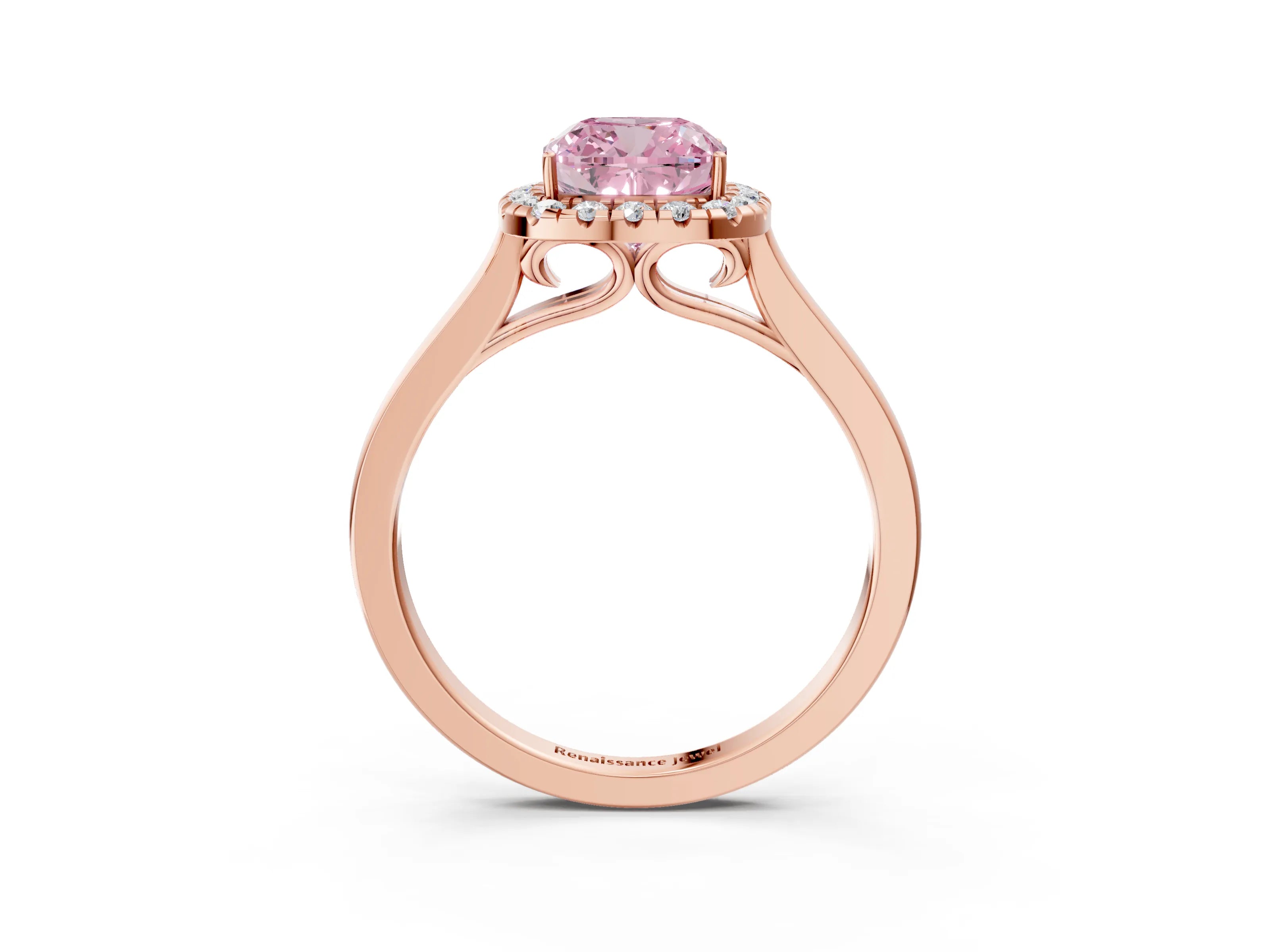 Rose gold Fancy Pink Cushion Cut Halo Round Diamond Solitaire Ring with Pavé Band and Four-Prong Setting_15