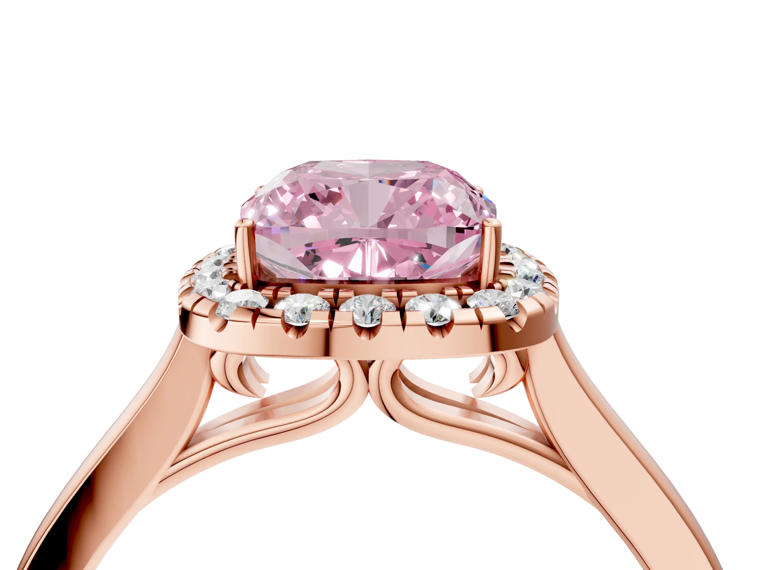 Rose gold Fancy Pink Cushion Cut Halo Round Diamond Solitaire Ring with Pavé Band and Four-Prong Setting_16
