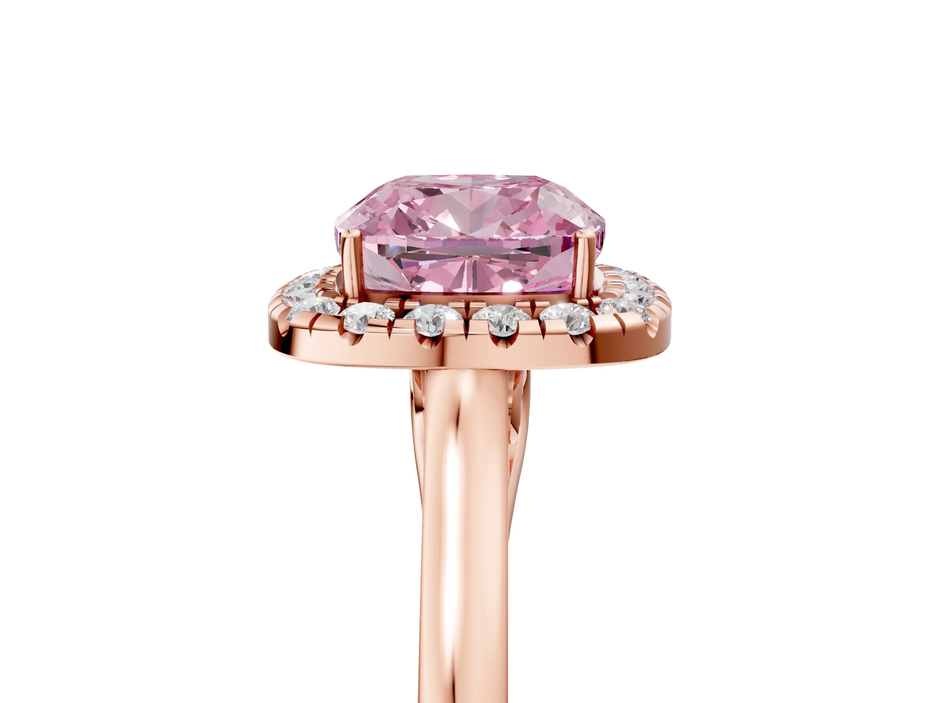 Rose gold Fancy Pink Cushion Cut Halo Round Diamond Solitaire Ring with Pavé Band and Four-Prong Setting_17