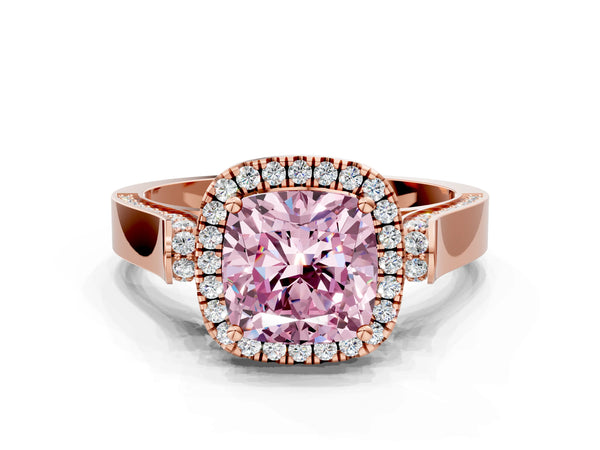 Rose gold Fancy Pink Cushion Cut Halo Round Diamond Twist Band with Four-Prong Setting