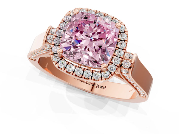 Rose gold Fancy Pink Cushion Cut Halo Round Diamond Twist Band with Four-Prong Setting