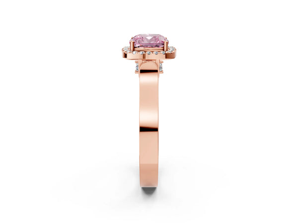 Rose gold Fancy Pink Cushion Cut Halo Round Diamond Twist Band with Four-Prong Setting