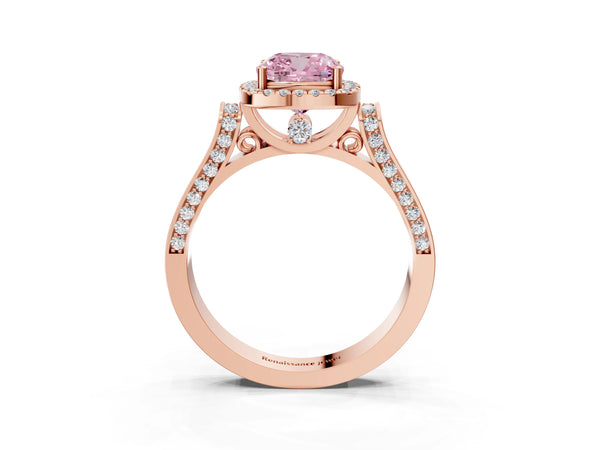Rose gold Fancy Pink Cushion Cut Halo Round Diamond Twist Band with Four-Prong Setting
