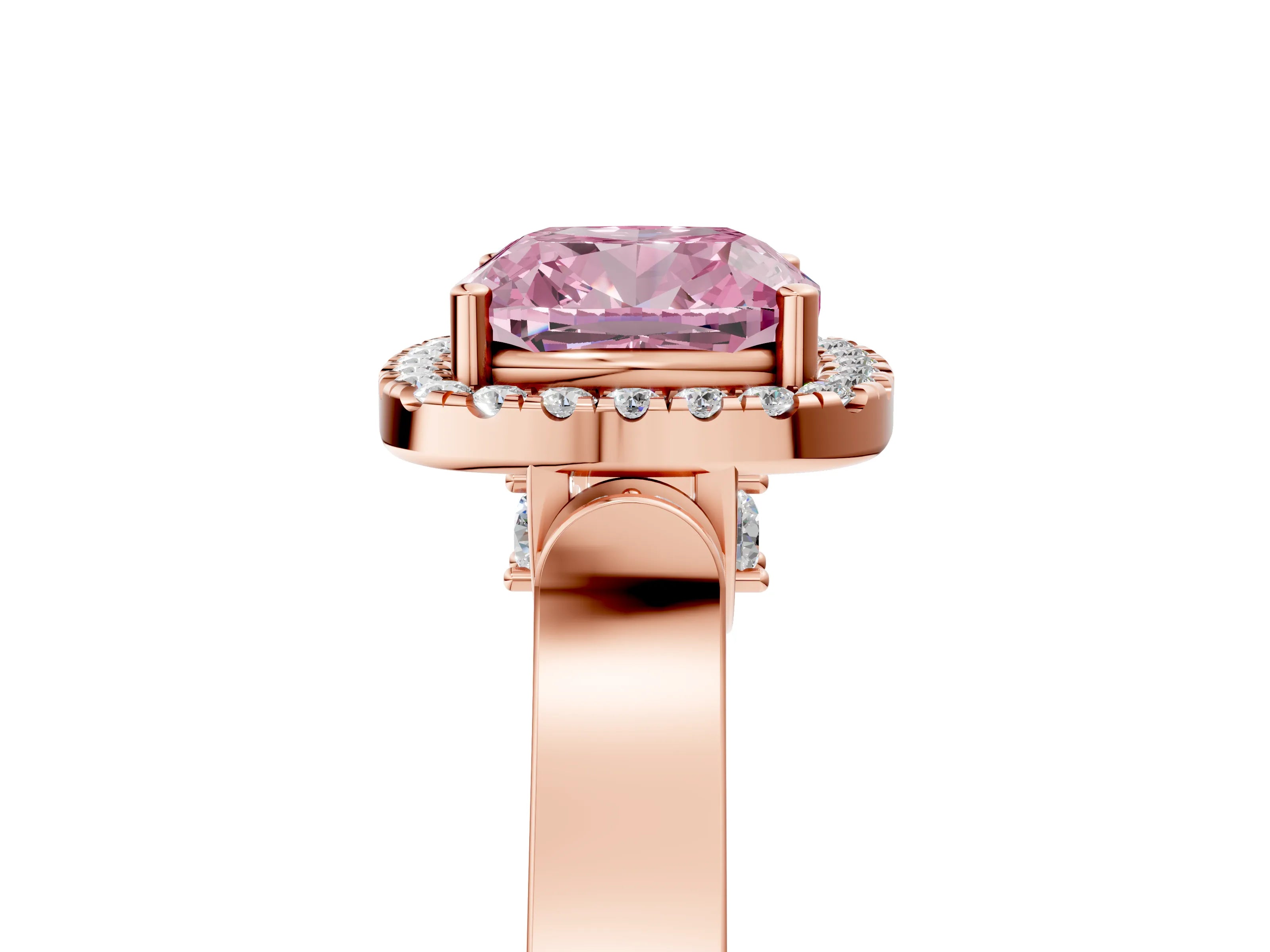 Rose gold Fancy Pink Cushion Cut Halo Round Diamond Twist Band with Four-Prong Setting_5