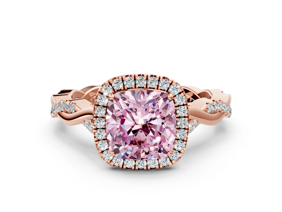 Rose gold Fancy Pink Cushion Cut Halo Twist Band with Four-Prong Setting