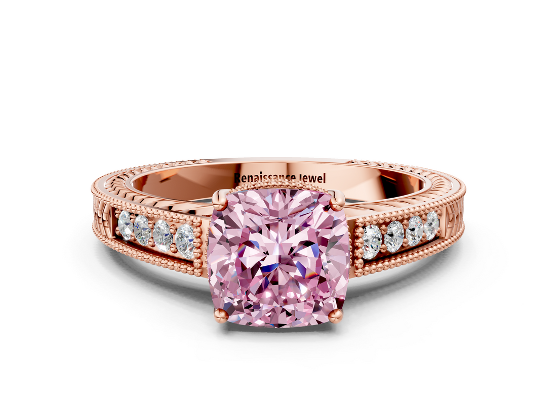 Rose gold Fancy Pink Cushion  Cut Milgrain Channel Set Engagement Ring with Solitaire Prong Setting_93