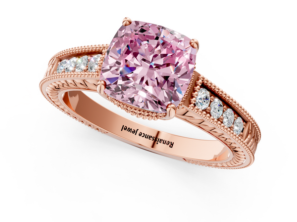 Rose gold Fancy Pink Cushion Cut Diamond Engagement Ring with Milgrain Channel Set Band and Prong Setting