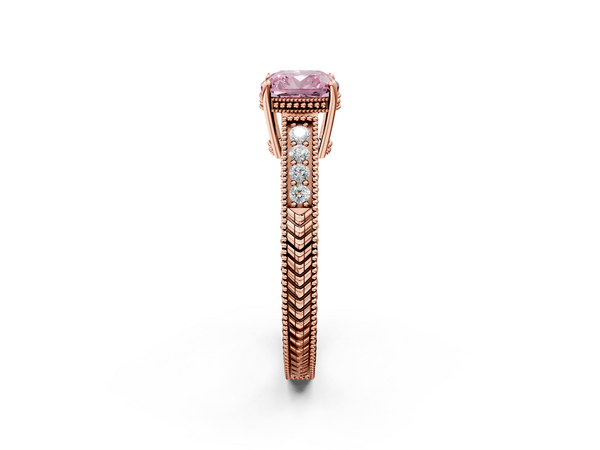 Rose gold Fancy Pink Cushion Cut Diamond Engagement Ring with Milgrain Channel Set Band and Prong Setting
