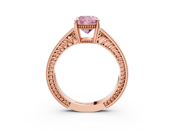 Rose gold Fancy Pink Cushion Cut Diamond Engagement Ring with Milgrain Channel Set Band and Prong Setting