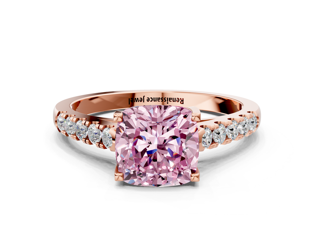 Rose gold Fancy Pink Cushion  Cut Pavé Band Solitaire Ring with Four-Prong Setting_22