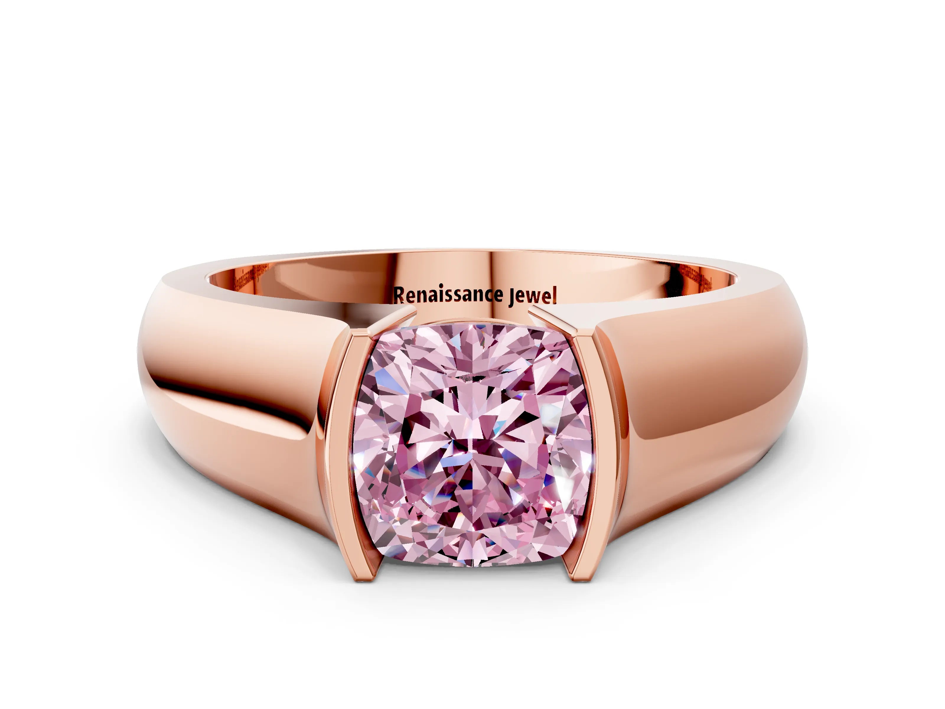 Rose gold Fancy Pink Cushion Cut Solitaire Bezel Set Diamond Ring with Wide Band