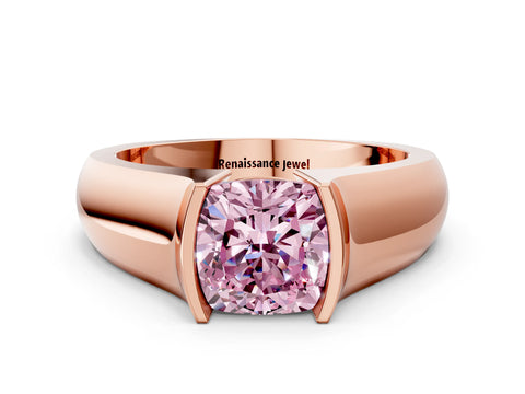 Rose gold Fancy Pink Cushion Cut Solitaire Bezel Set Diamond Ring with Wide Band