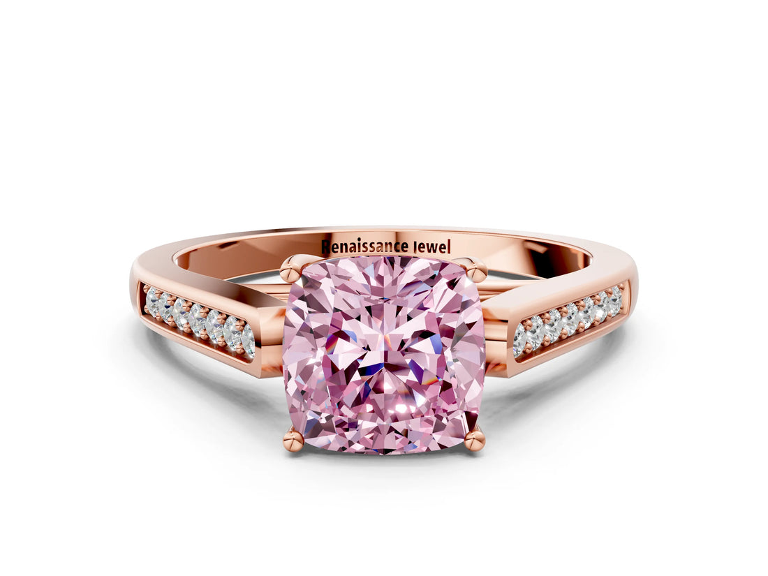 Rose gold Fancy Pink Cushion Cut Solitaire Cathedral Diamond Engagement Ring with Channel-Set Band and Four-Prong Setting_3