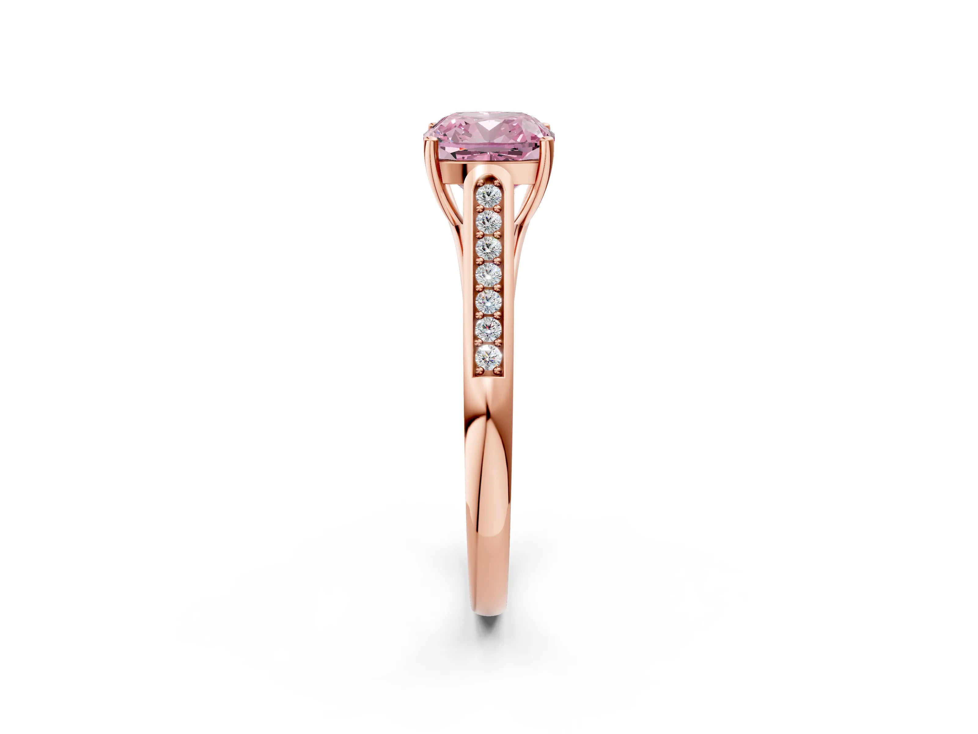Rose gold Fancy Pink Cushion Cut Solitaire Cathedral Diamond Engagement Ring with Channel-Set Band and Four-Prong Setting_5