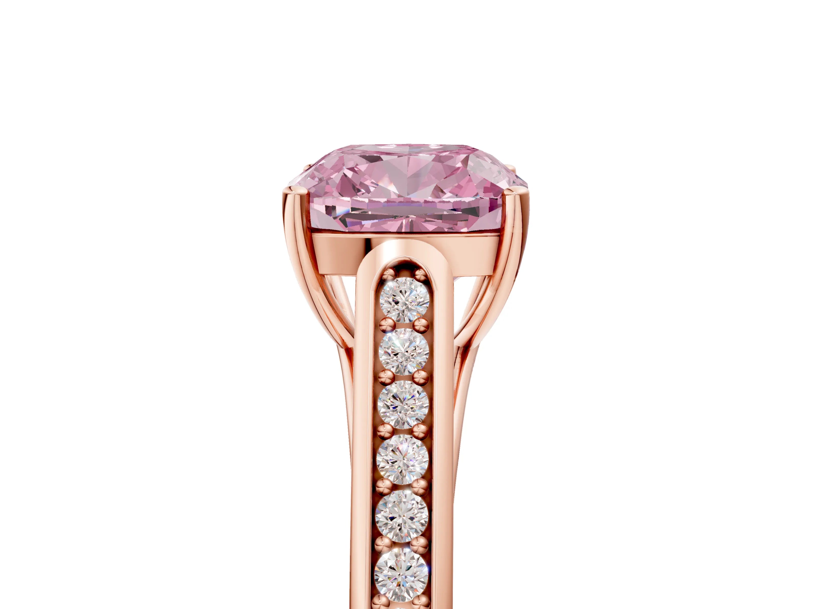 Rose gold Fancy Pink Cushion Cut Solitaire Cathedral Diamond Engagement Ring with Channel-Set Band and Four-Prong Setting_8