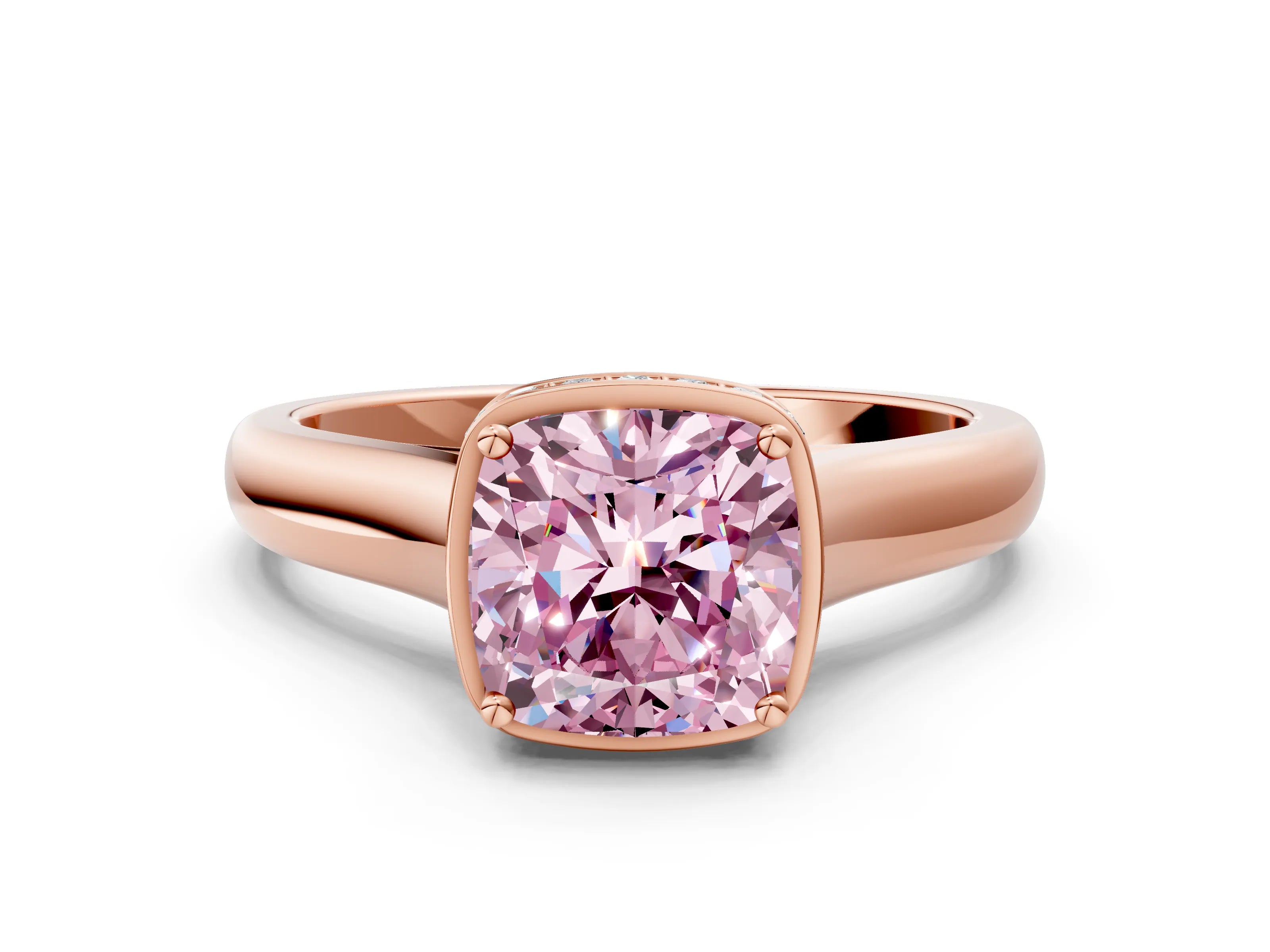 Rose gold Fancy Pink Cushion Cut Solitaire Diamond Engagement Ring with Four-Prong Setting and Tapered Band