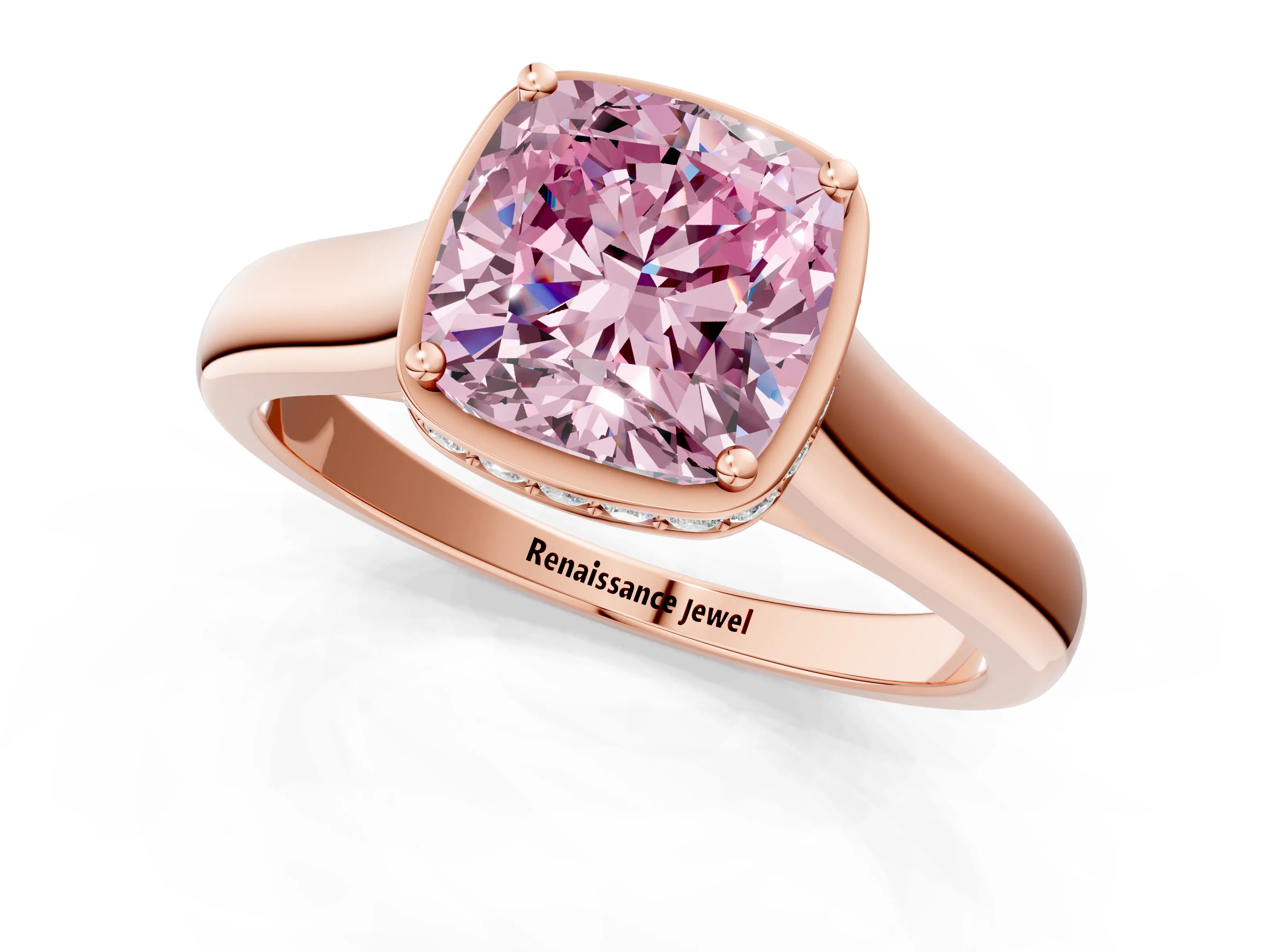 Rose gold Fancy Pink Cushion Cut Solitaire Diamond Engagement Ring with Four-Prong Setting and Tapered Band_1