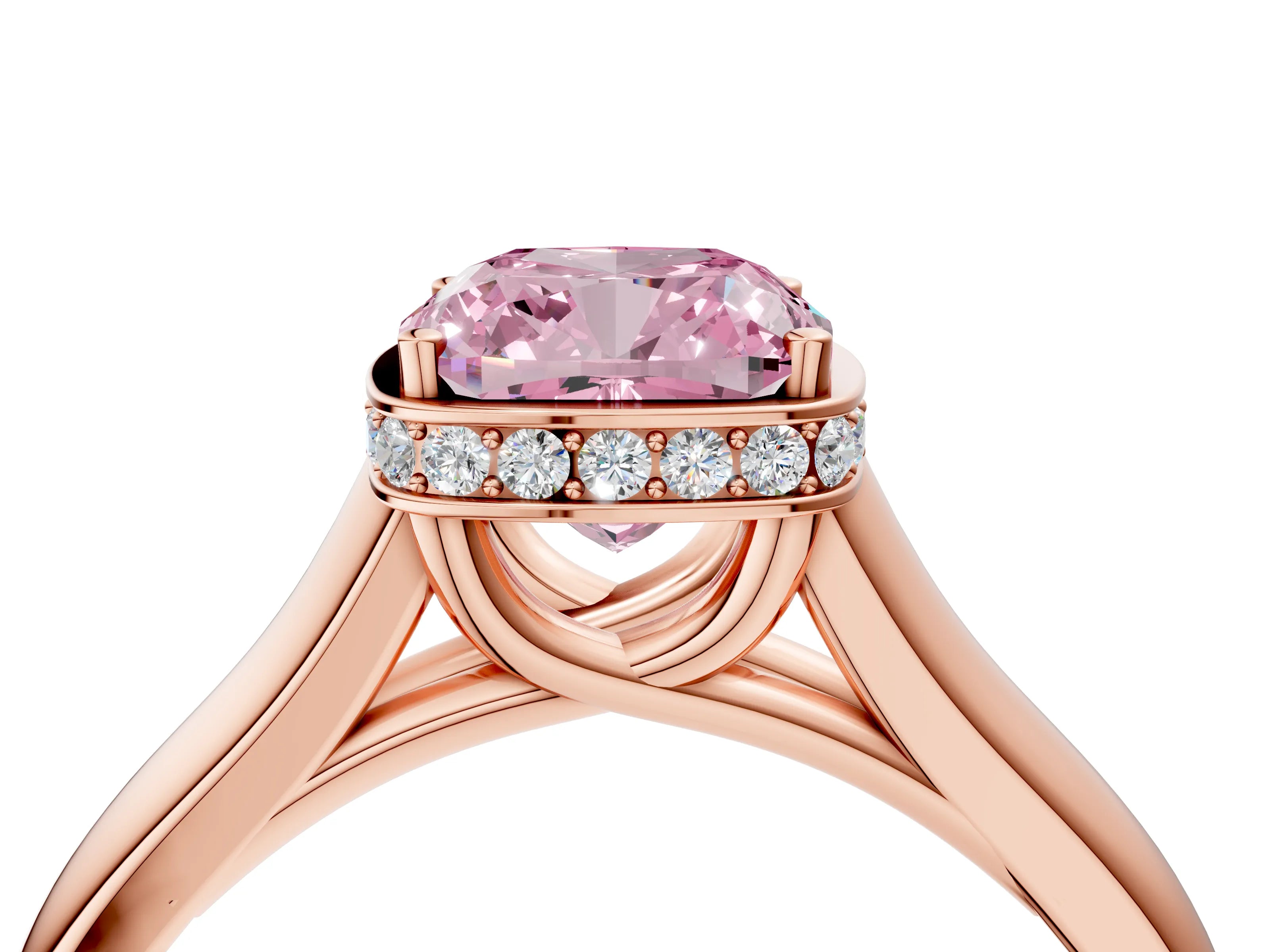 Rose gold Fancy Pink Cushion Cut Solitaire Diamond Engagement Ring with Four-Prong Setting and Tapered Band_4