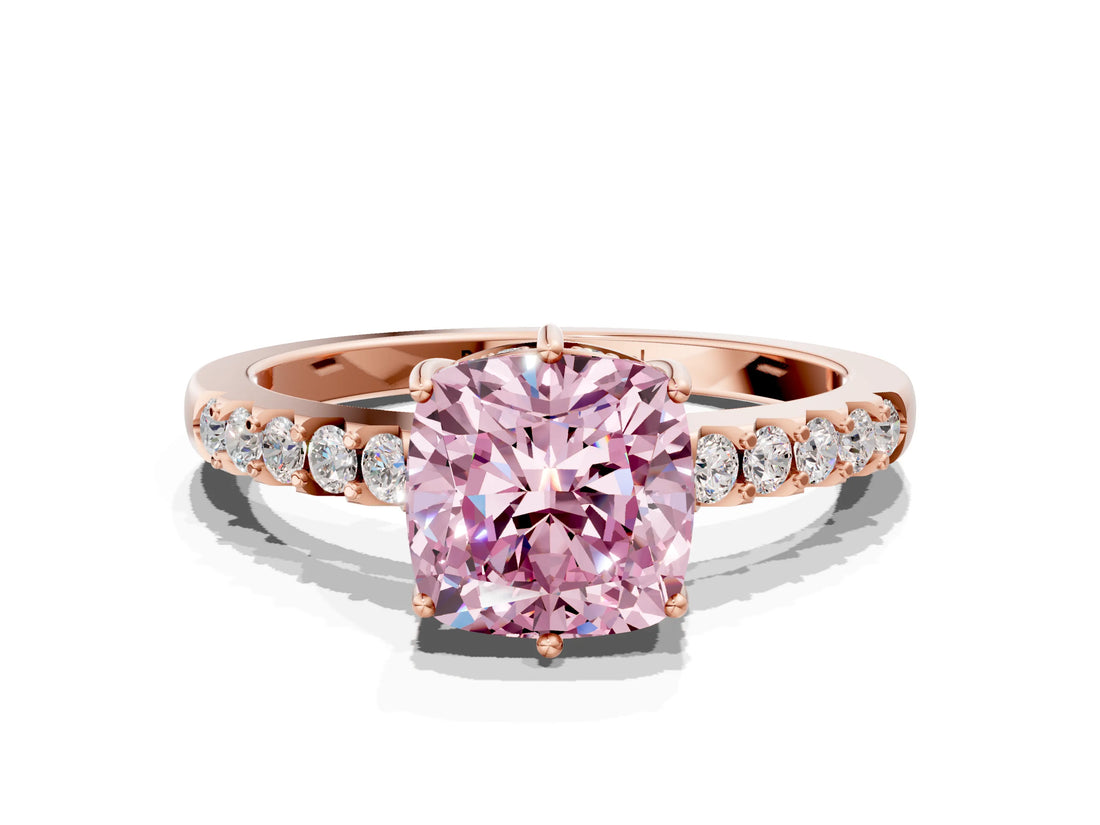 Rose gold Fancy Pink Cushion Cut Solitaire Diamond Engagement Ring with Pavé Band and Six-Prong Setting_12
