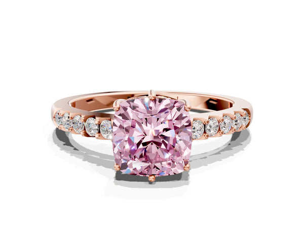 Rose gold Fancy Pink Cushion Cut Solitaire Diamond Engagement Ring with Pavé Band and Six-Prong Setting