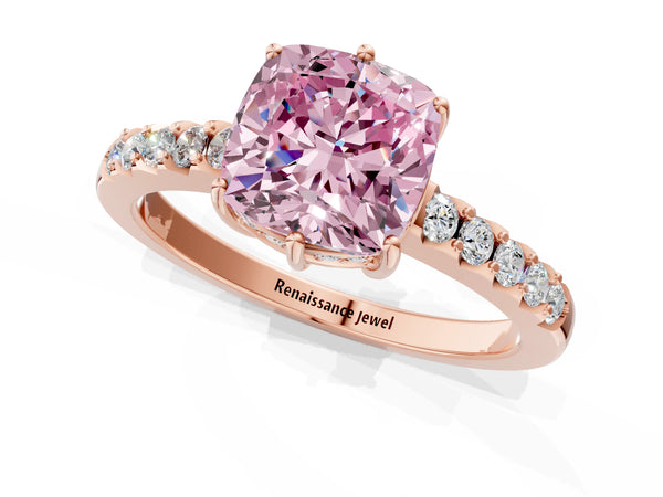 Rose gold Fancy Pink Cushion Cut Solitaire Diamond Engagement Ring with Pavé Band and Six-Prong Setting