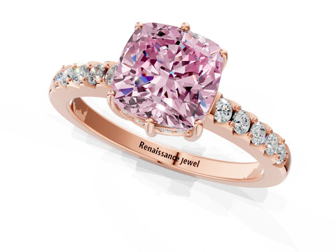 Rose gold Fancy Pink Cushion Cut Solitaire Diamond Engagement Ring with Pavé Band and Six-Prong Setting_13
