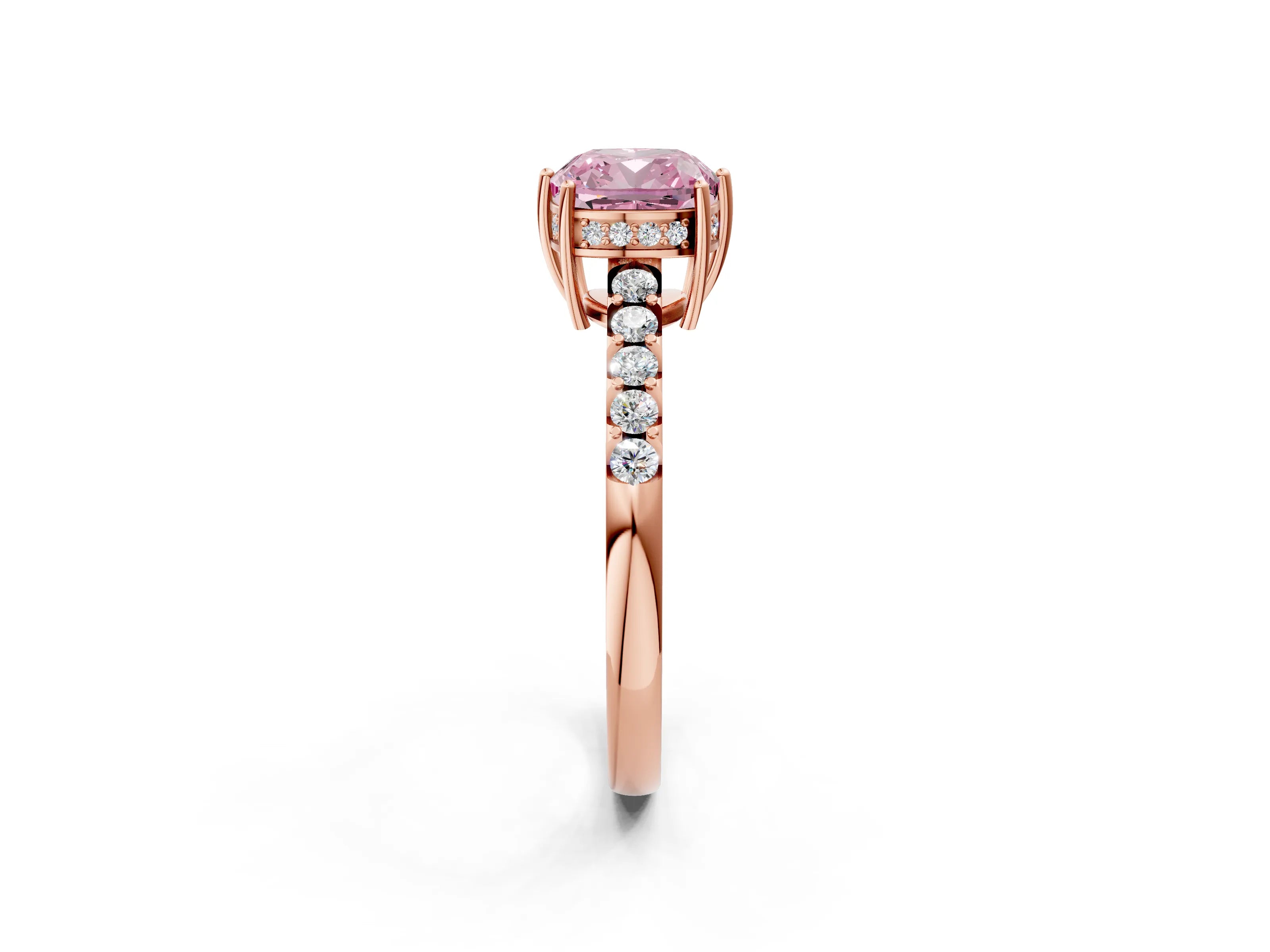 Rose gold Fancy Pink Cushion Cut Solitaire Diamond Engagement Ring with Pavé Band and Six-Prong Setting_14