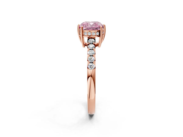 Rose gold Fancy Pink Cushion Cut Solitaire Diamond Engagement Ring with Pavé Band and Six-Prong Setting