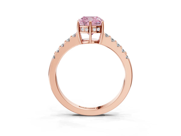 Rose gold Fancy Pink Cushion Cut Solitaire Diamond Engagement Ring with Pavé Band and Six-Prong Setting