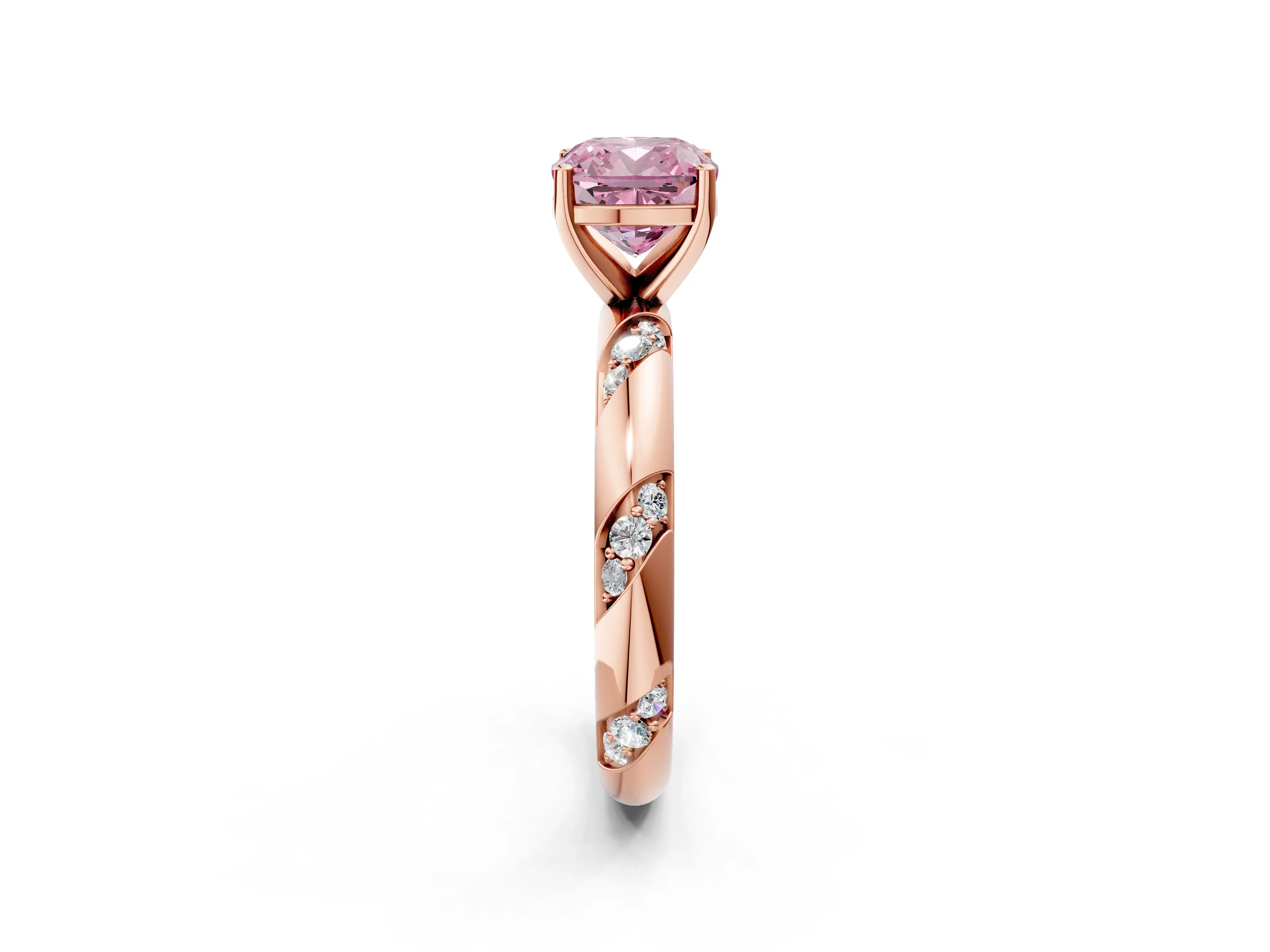 Rose gold Fancy Pink Cushion Cut Solitaire Diamond Engagement Ring with Twisted Pave Band and Four-Prong Setting_17