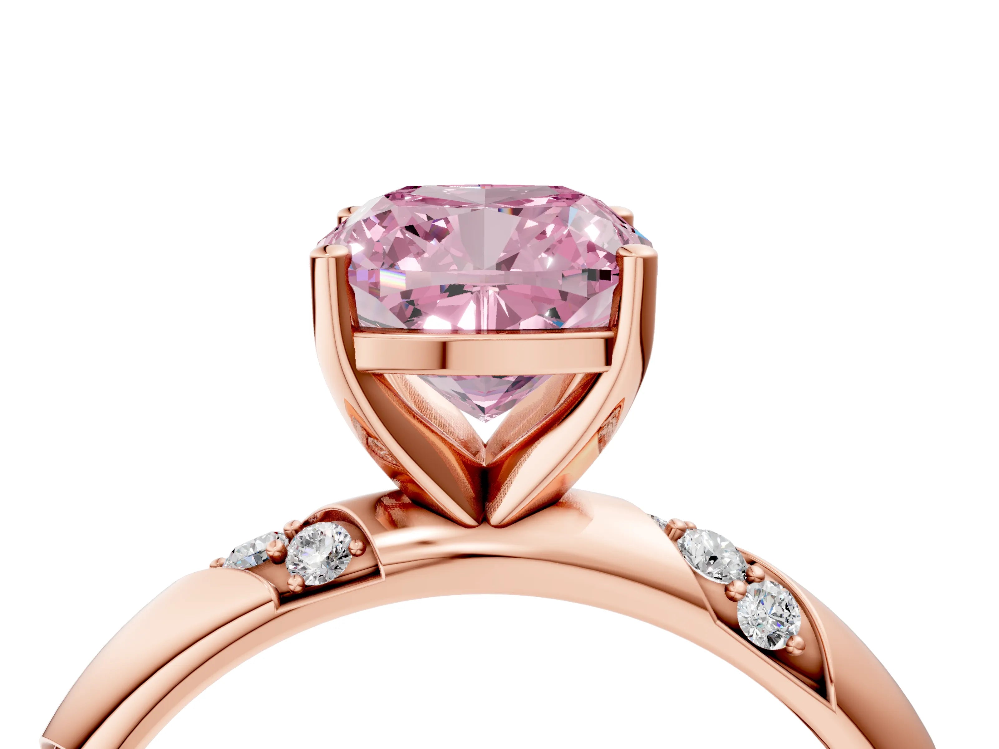 Rose gold Fancy Pink Cushion Cut Solitaire Diamond Engagement Ring with Twisted Pave Band and Four-Prong Setting_19