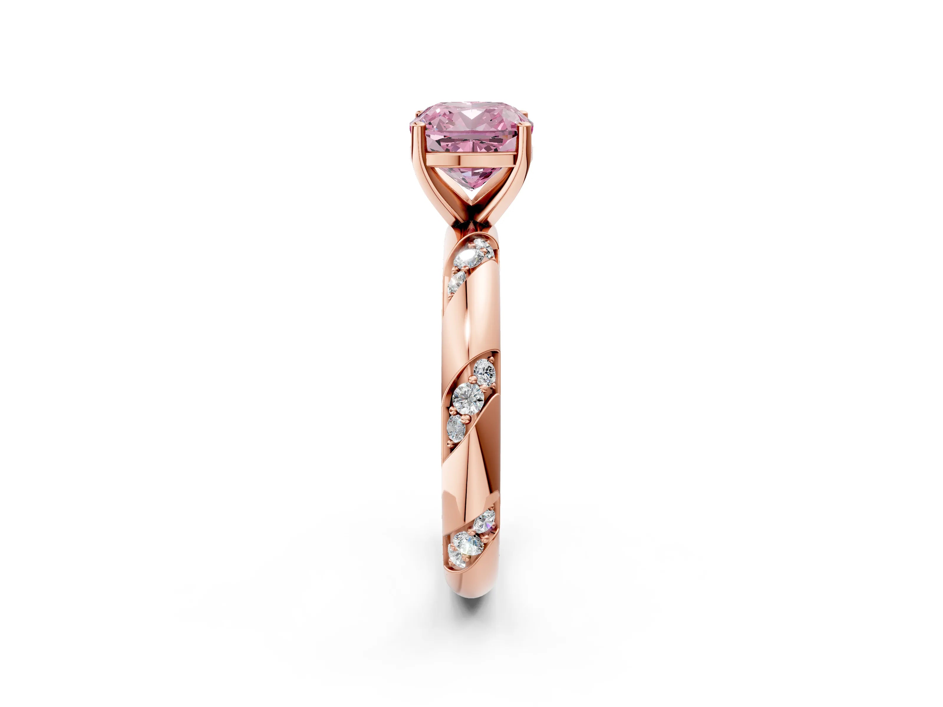 Rose gold Fancy Pink Cushion Cut Solitaire Diamond Engagement Ring with Twisted Pave Band and Four-Prong Setting_29