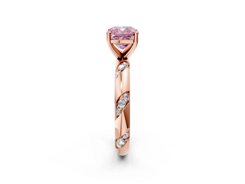 Rose gold Fancy Pink Cushion Cut Solitaire Diamond Engagement Ring with Twisted Pave Band and Four-Prong Setting_29