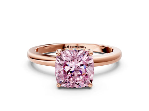 Rose gold Fancy Pink Cushion Cut Solitaire Diamond Ring with Prong Setting and Plain Band