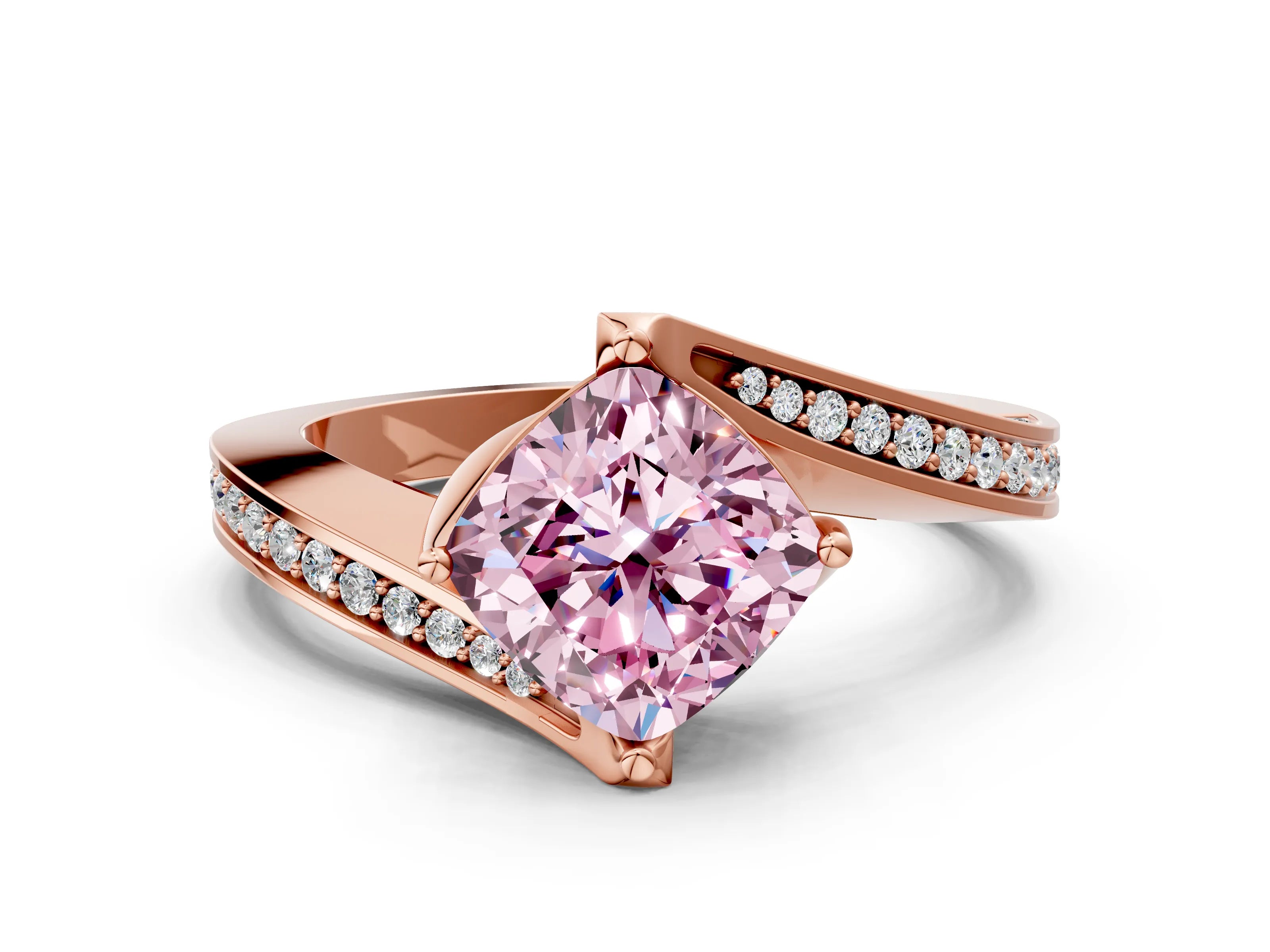 Rose gold Fancy Pink Cushion Cut Solitaire Diamond Twist Band with Pavé Setting and Four-Prong Setting