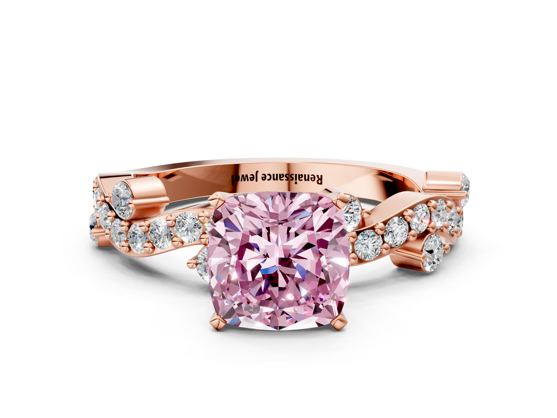 Rose gold Fancy Pink Cushion  Cut Solitaire Diamond Twisted Band with Pave Setting_48