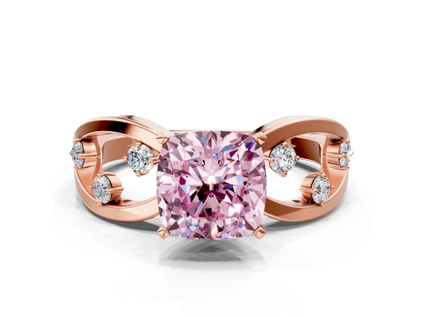 Rose gold Fancy Pink Cushion  Cut Solitaire Diamond with Side Stones on Criss-Cross Band and Four-Prong Setting