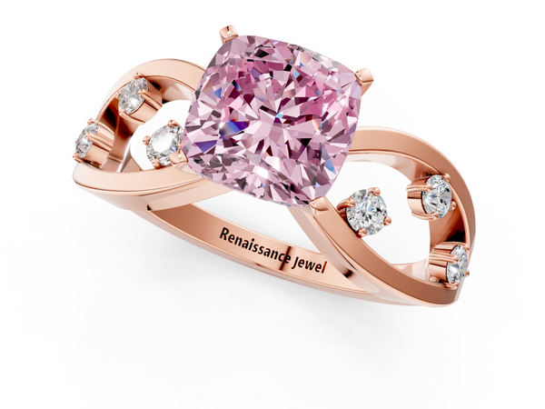 Rose gold Fancy Pink Cushion  Cut Solitaire Diamond with Side Stones on Criss-Cross Band and Four-Prong Setting