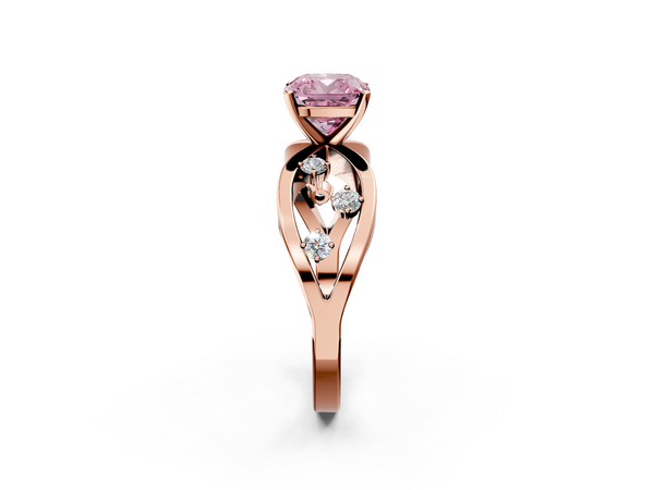 Rose gold Fancy Pink Cushion  Cut Solitaire Diamond with Side Stones on Criss-Cross Band and Four-Prong Setting