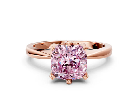 Rose gold Fancy Pink Cushion Cut Solitaire Engagement Ring with Six-Prong Setting and Tapered Band