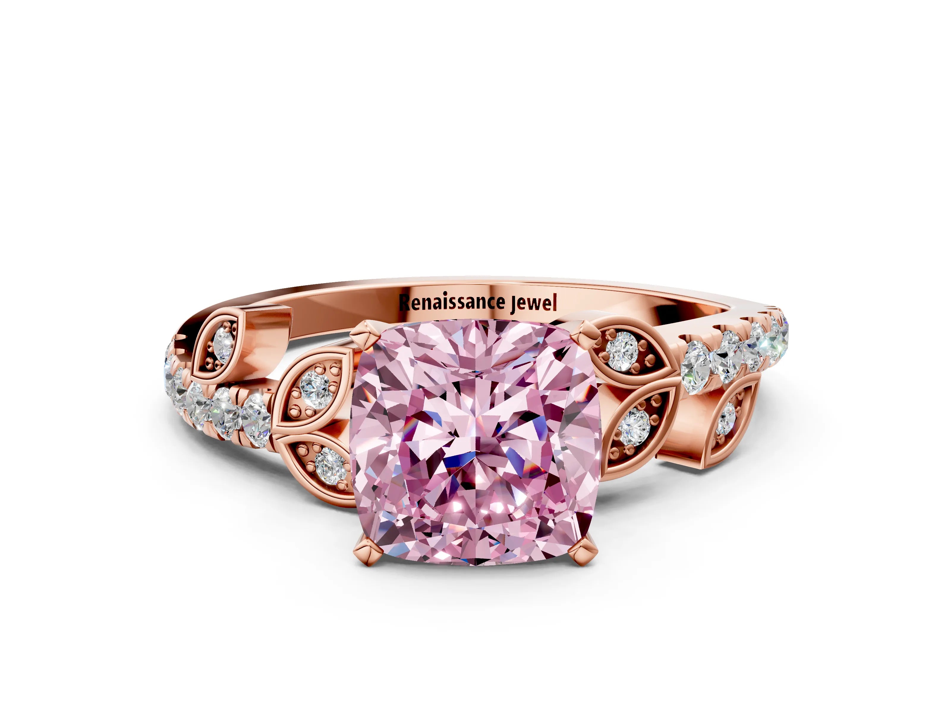 Rose gold Fancy Pink Cushion Cut Solitaire Leaf-Inspired Diamond Ring with Pavé Band and Four-Prong Setting