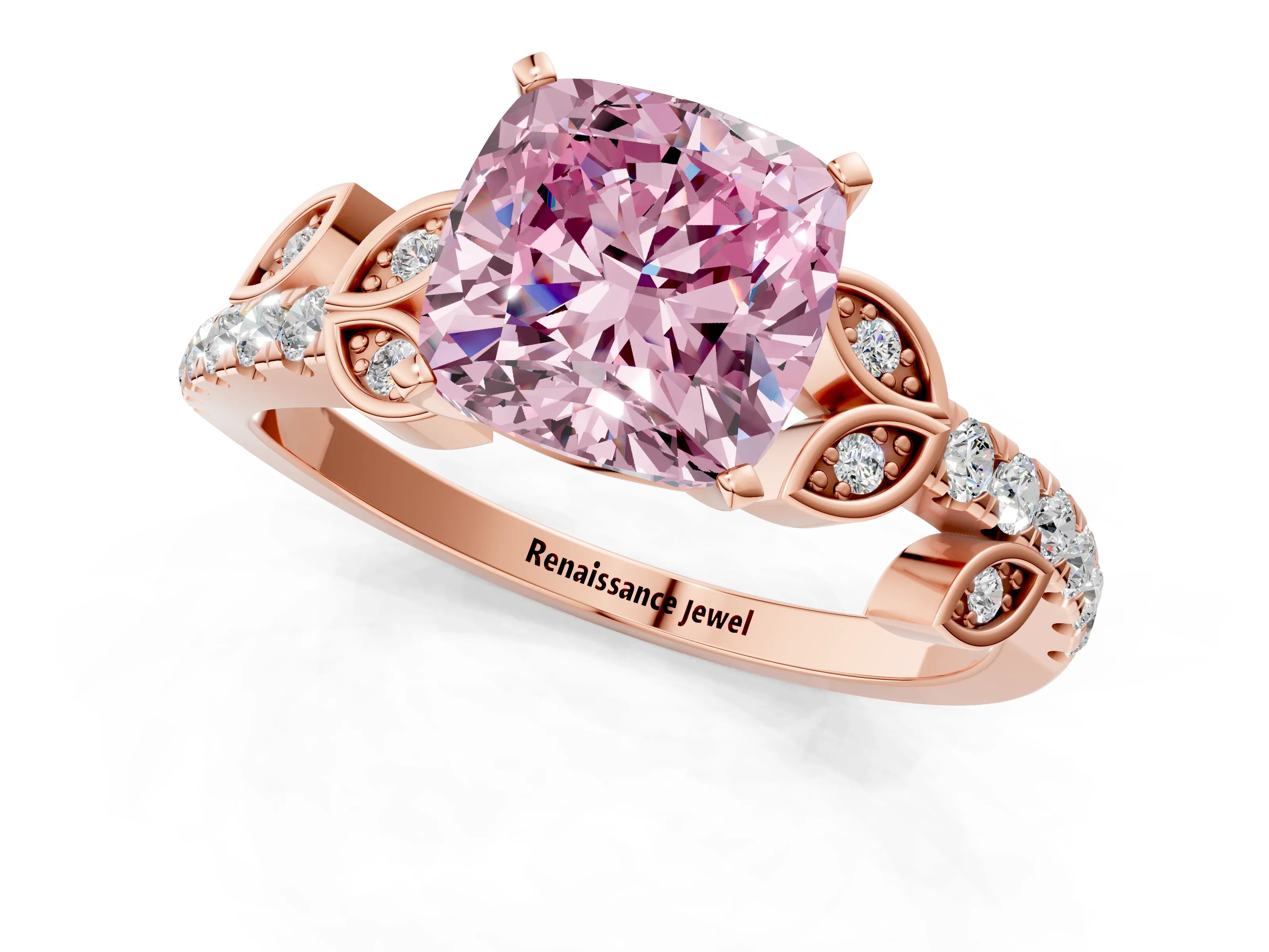 Rose gold Fancy Pink Cushion Cut Solitaire Leaf-Inspired Diamond Ring with Pavé Band and Four-Prong Setting_1