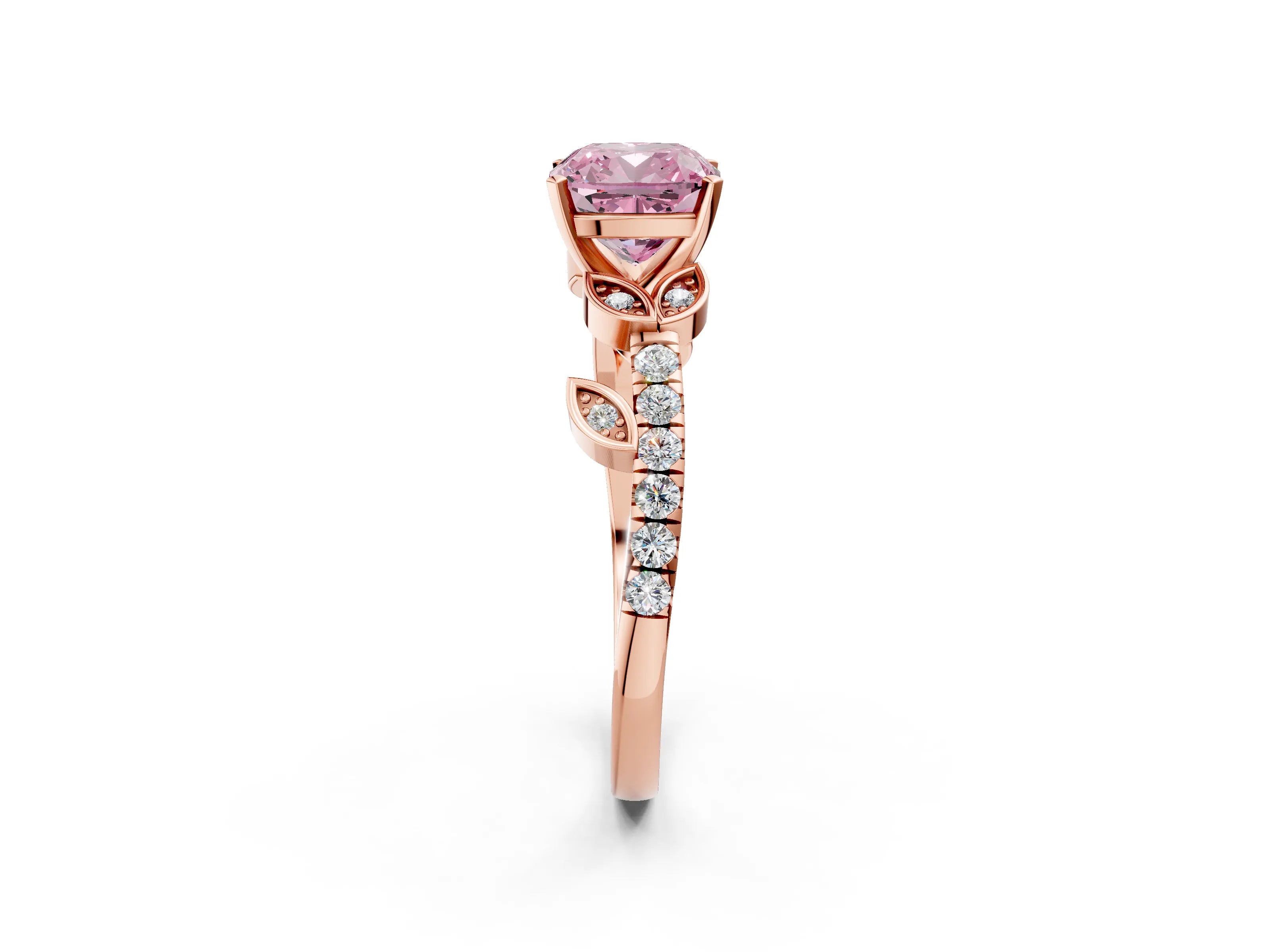Rose gold Fancy Pink Cushion Cut Solitaire Leaf-Inspired Diamond Ring with Pavé Band and Four-Prong Setting_2