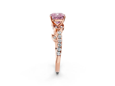 Rose gold Fancy Pink Cushion Cut Solitaire Leaf-Inspired Diamond Ring with Pavé Band and Four-Prong Setting_2