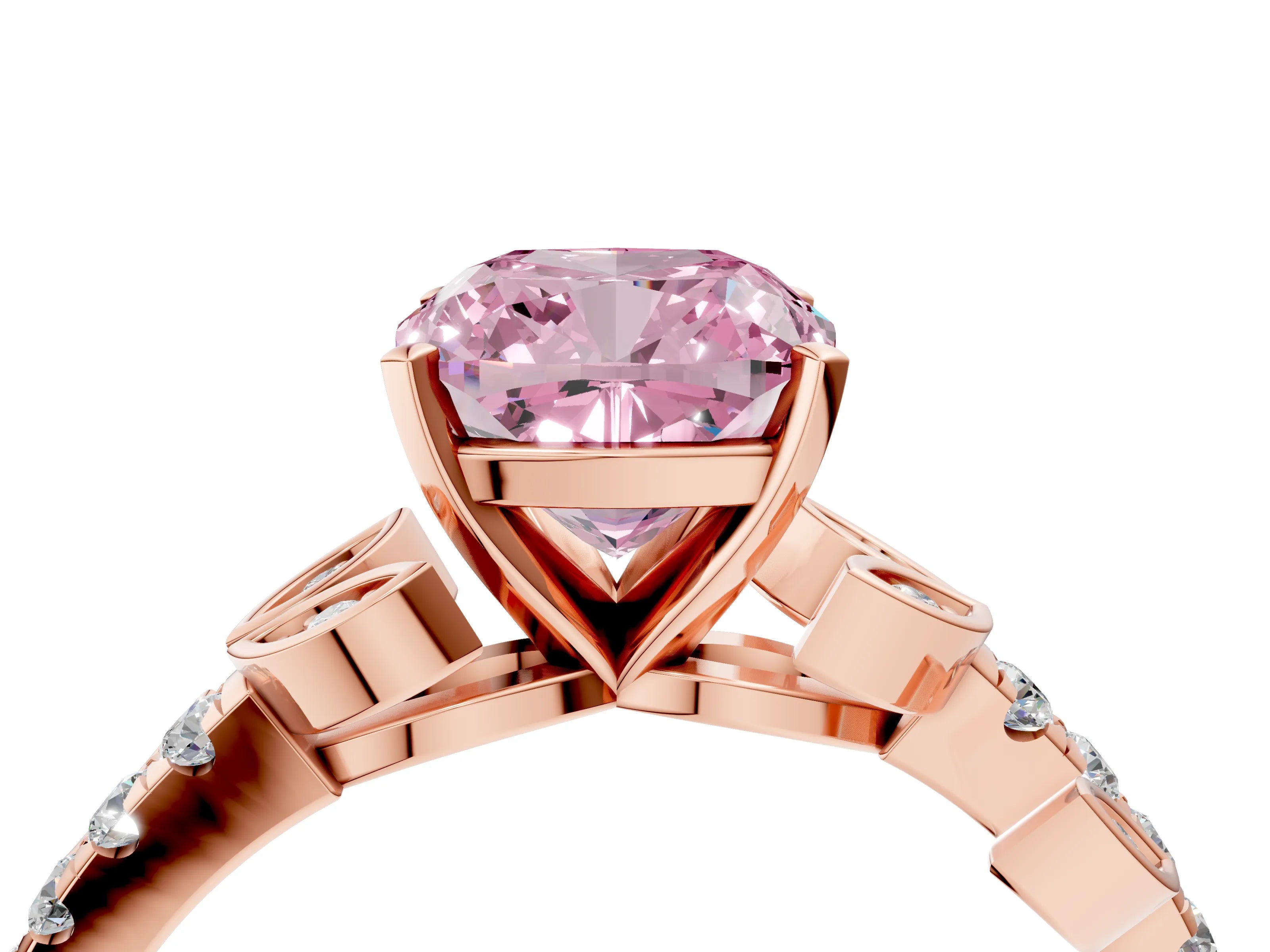 Rose gold Fancy Pink Cushion Cut Solitaire Leaf-Inspired Diamond Ring with Pavé Band and Four-Prong Setting_4
