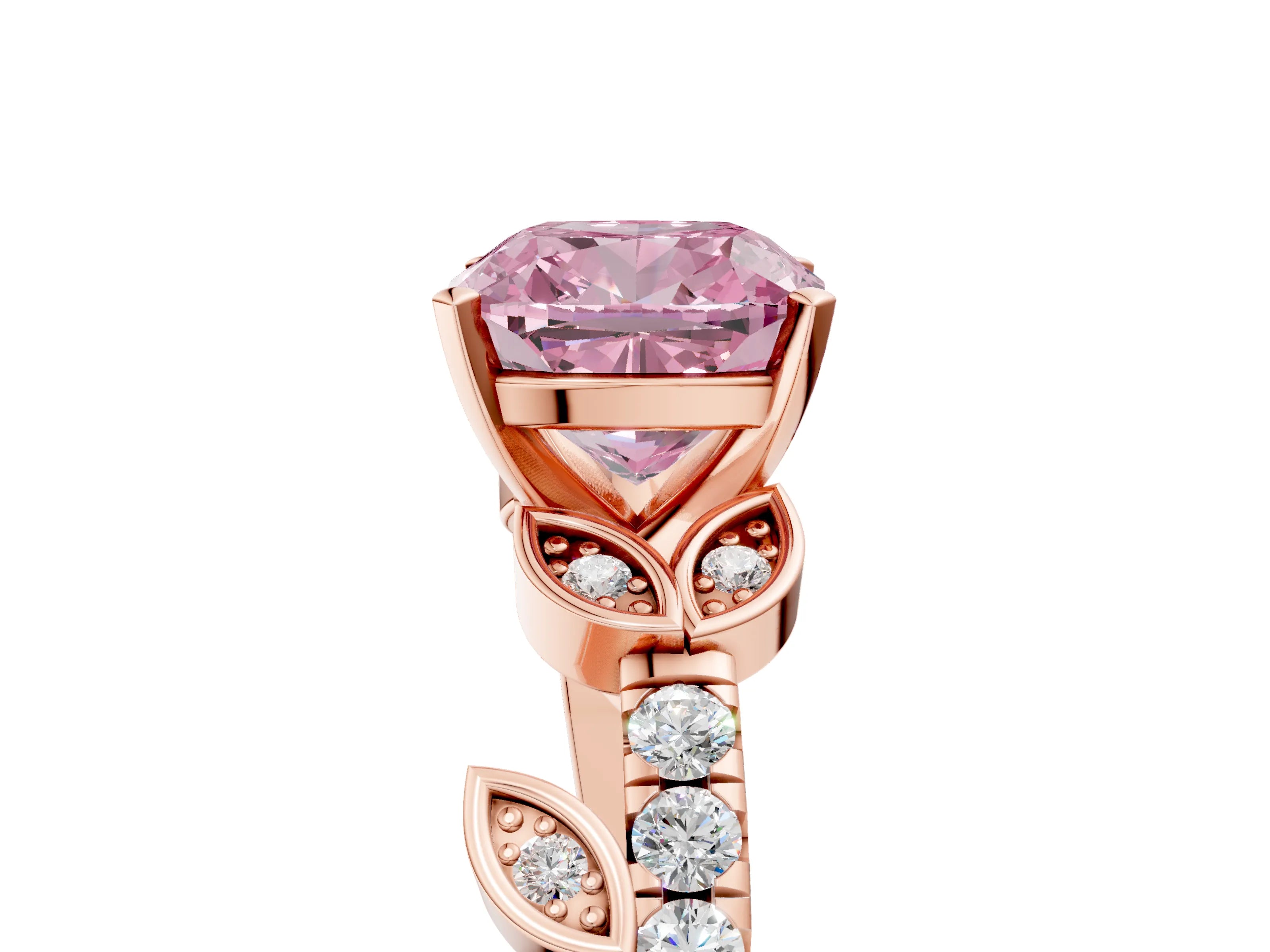 Rose gold Fancy Pink Cushion Cut Solitaire Leaf-Inspired Diamond Ring with Pavé Band and Four-Prong Setting_5