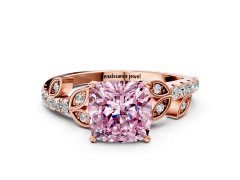 Rose gold Fancy Pink Cushion Cut Solitaire Leaf-Inspired Diamond Ring with Pavé Band and Four-Prong Setting